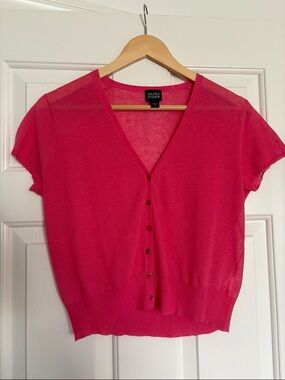Eileen Fisher Short Sleeve Button Hot Pink Cotton Linen Top Sz S
